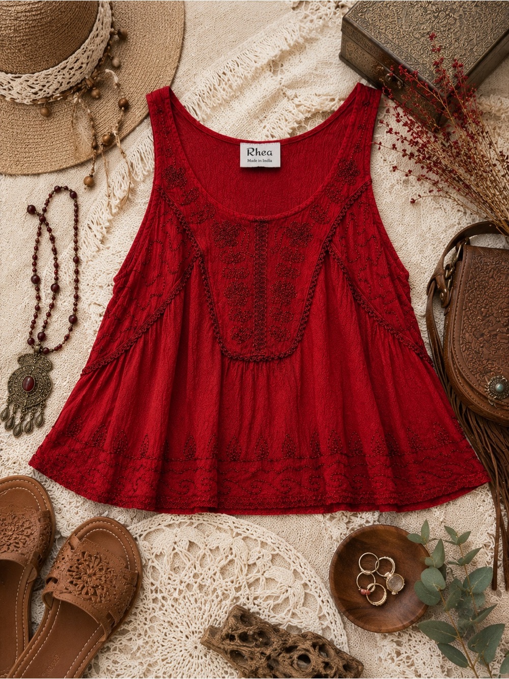 Rhea Ruby Red Embroidered Boho Flowy  Swing Blouse Festival Wear | Fits S M L